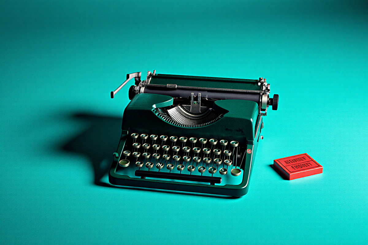Typewriter under neon; clean space for title overlay.