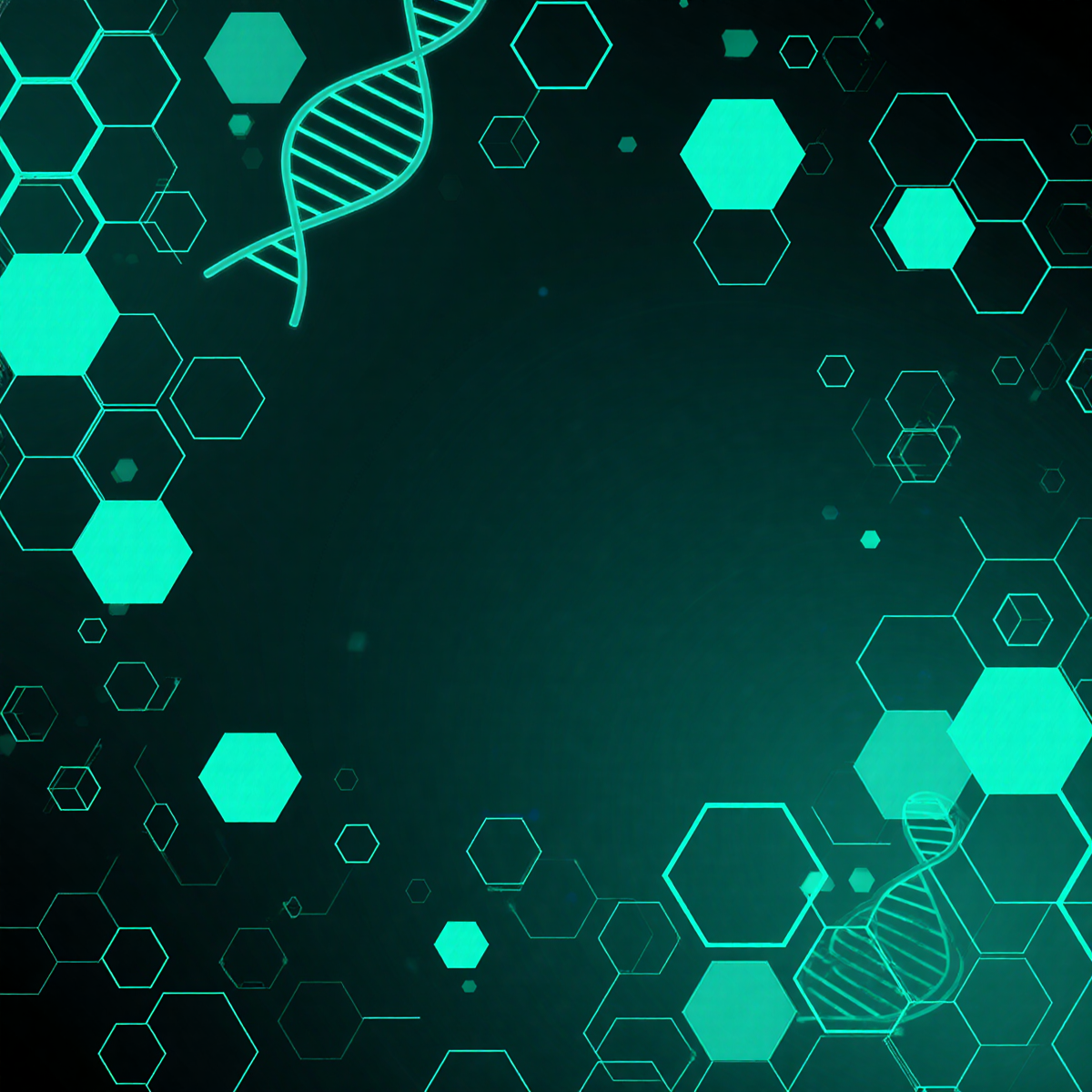 Abstract teal DNA and hexagon pattern background