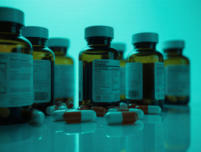 Rows of pill bottles and capsules under teal light