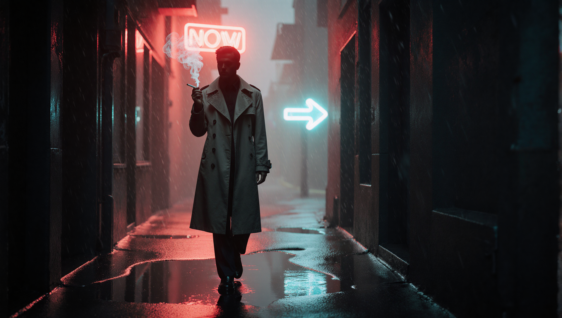 Trench-coat silhouette in rain-lit alley under neon.